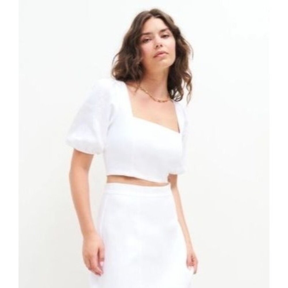 Reformation White Pure Linen Puff Sleeve Square Neck Cropped Blouse Top Size 2